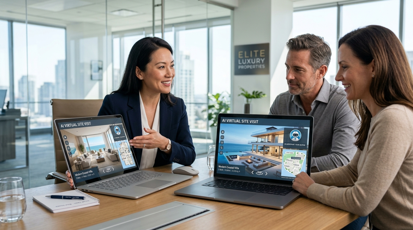 Real estate brokers using virtual site visit software for real estate agents on a laptop to conduct remote property showarounds.