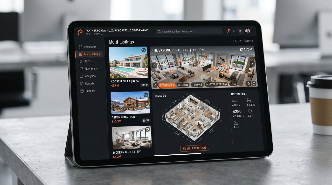 Interface of a channel partner multi-listing demo engine showcasing an app free virtual tour software for agents.