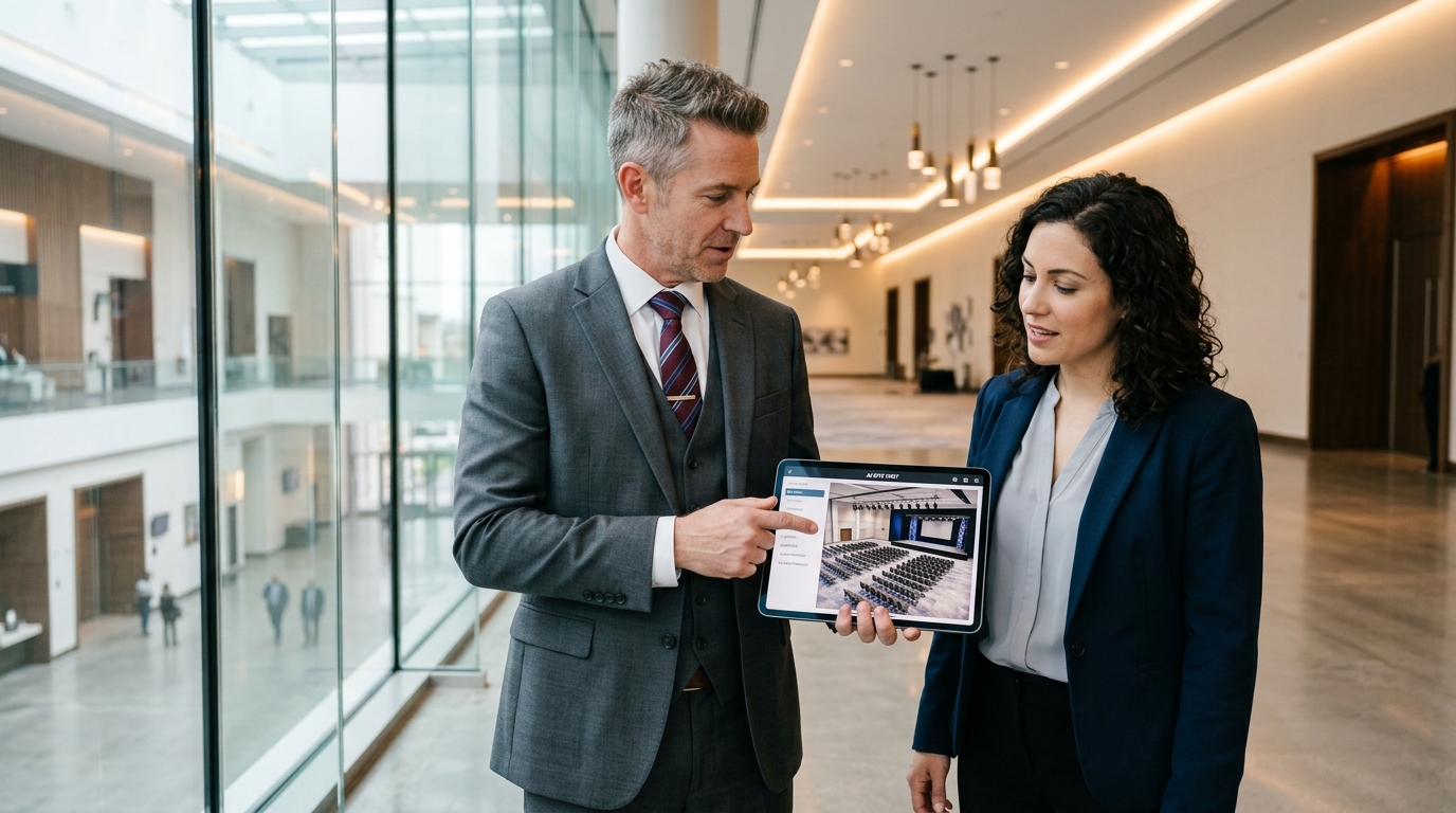 Venue manager using an AI tool for event venue walkthrough on a tablet to showcase ballroom seating layouts.