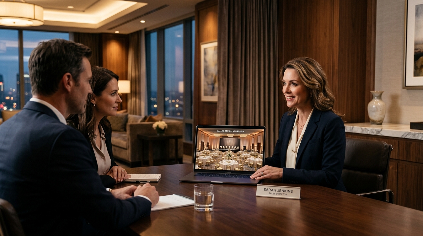 Hotel sales director using an AI tool for hotel walkthrough on a laptop to showcase ballroom seating layouts.