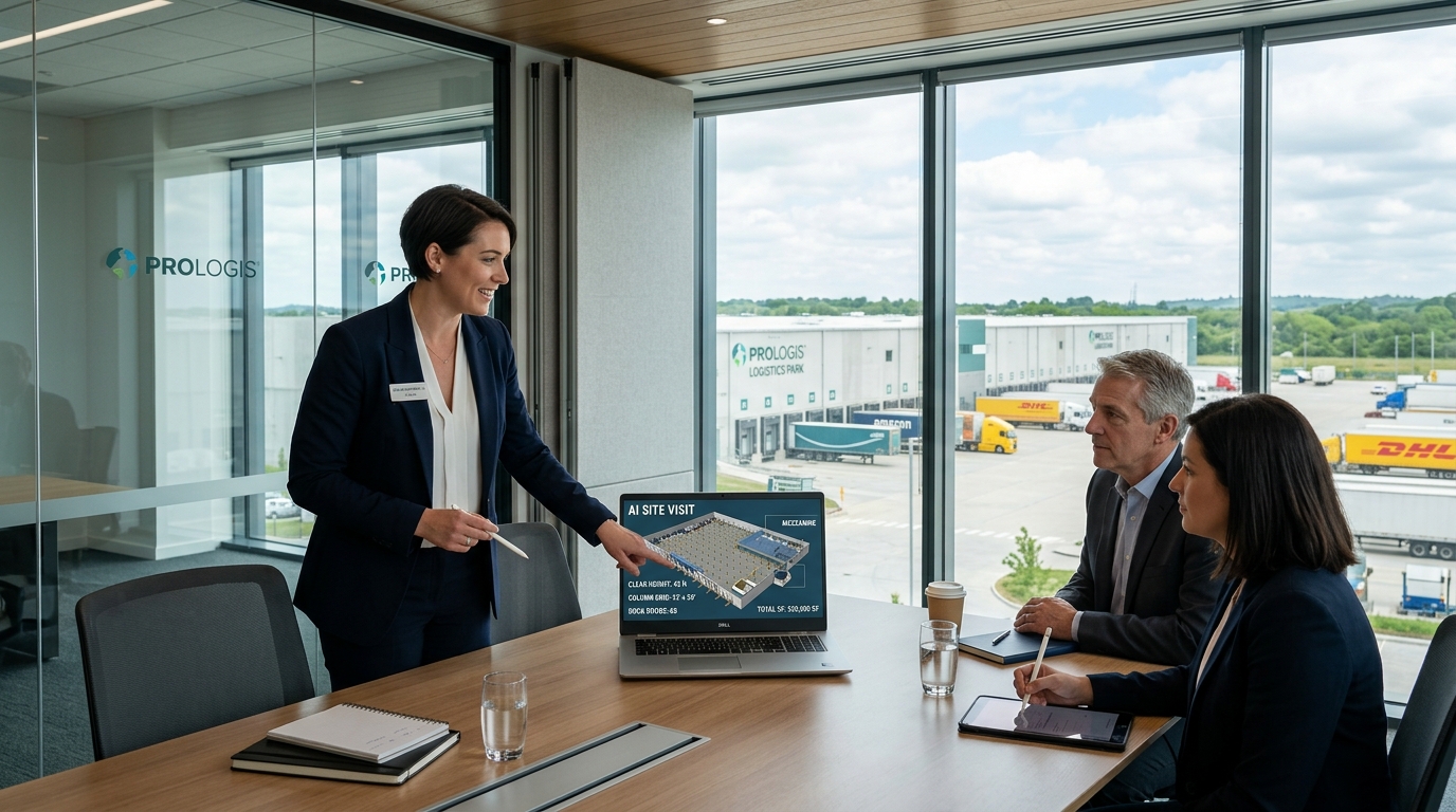 Industrial leasing broker using an AI tool for Storage & Industrial facilities walkthrough on a laptop to show clear height specs.