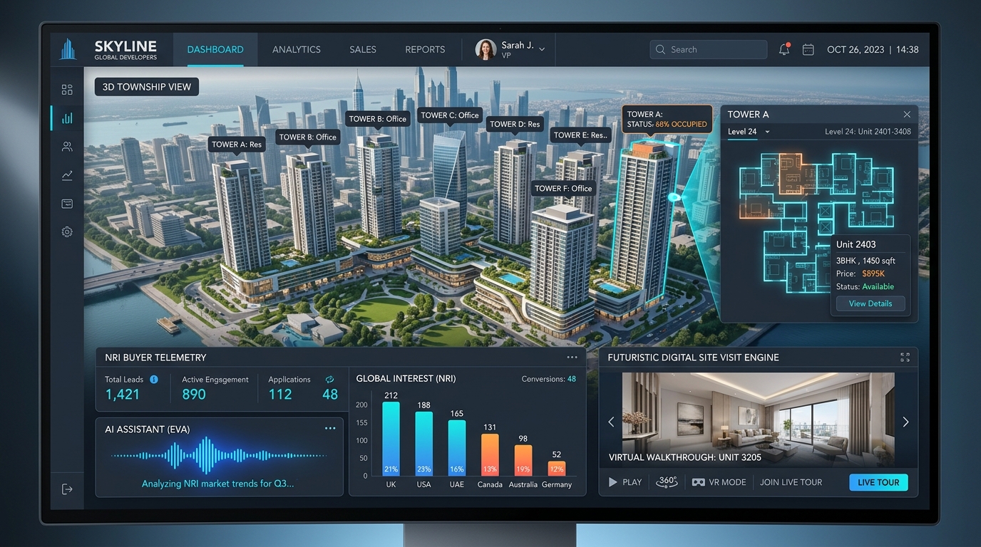 Multi-tower virtual site visit software interface presenting automated 24/7 NRI buyer property walkthroughs.
