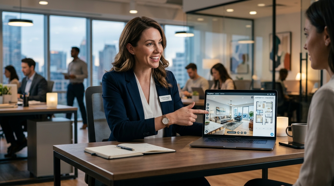 Real estate brokers using virtual site visit software for real estate agents on a laptop to conduct remote property showarounds.